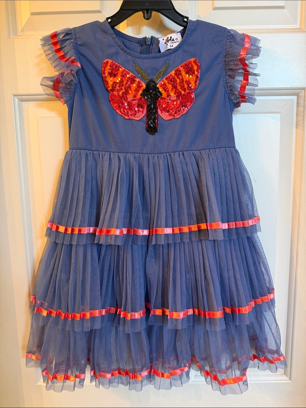 Lola + The Boys Blue Tiered Tulle Dress with Red Sequin Butterfly